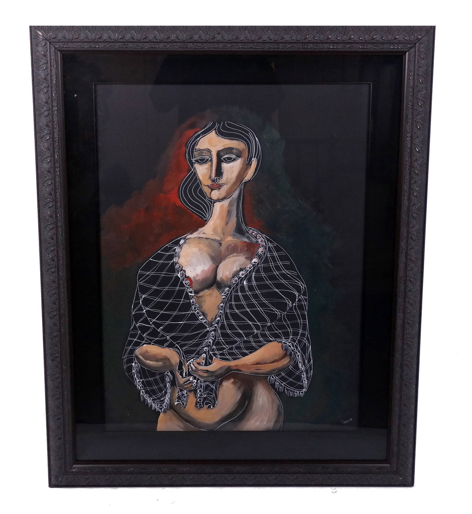 YUROZ: Semi-Nude Woman - Oil Painting: Yuroz (American, b. 1956) oil on black paper painting under glass depicting a semi-nude woman with shawl, signed lower right, '98. [Art: 29" H x 21" W; Frame: 39" H x 31" W]. From the estate of Ronald