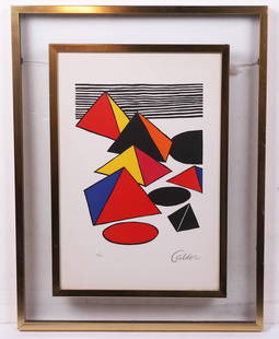 Alexander CALDER: Pyramids And Circles Lithograph: Alexander Calder (American, 1898-1976) lithograph of abstract pyramids and circles, in colors, signed lower right, numbered 61/100, mounted in floating frame. [Art: 18" H x 12" W; Frame: 26" H x 20" W