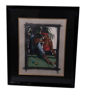 Nico VRIELINK: Playing Pool - Mixed Media: Nico Vrielink (Dutch, b. 1957) work in graphite, oil and pastel on paper, depicting a man and woman playing pool, signed lower right, dated 1991. [Art: 20" H x 16" W; Frame: 29" H x 25" W].