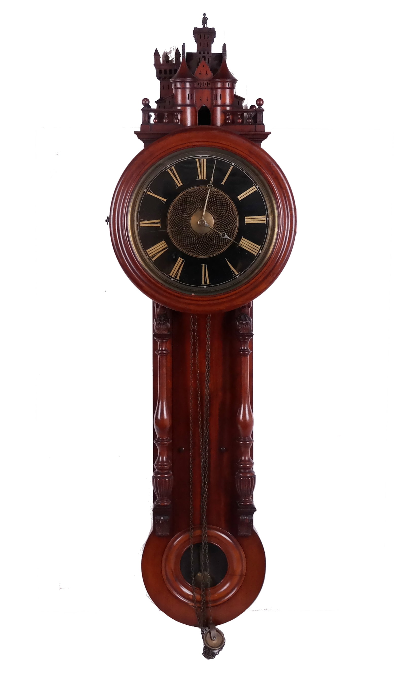 Carved and Decorated Regulator Clock: Carved and decorated regulator clock, likely Austrian early 20th century, with a carved castle form to top over a round decorated face with carved supports, exposed weights, and a roundel to lower wit