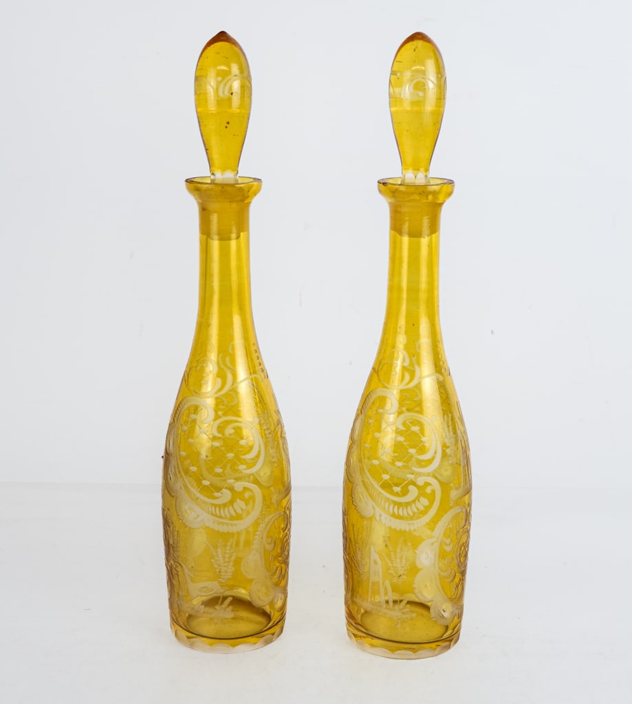 Pair of Amber Bohemian Glass Stoppered Decanters (1 of 7)
