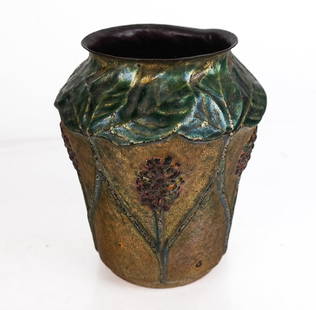 Tiffany Studios Copper and Enamel Vase: Tiffany Studios copper and enamel vase, 1898 - 1902, of slight baluster form, the collar of overlapping leaves above pink milkweed flower clusters against an iridescent gold ground, marked to base "SG
