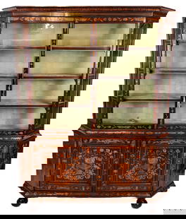 Dutch Marquetry Vitrine Cabinet: Dutch marquetry vitrine, 19th century, with foliate band decoration to top, over two glass fronted doors, flanked by to inset windows, with four green velvet lined interior shelves, over two marquetry
