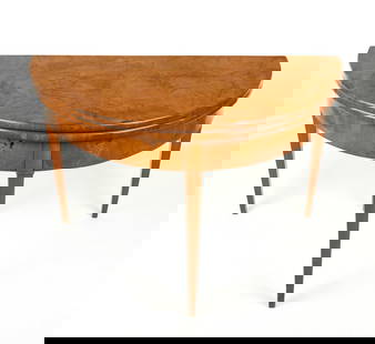 Biedermeier Burl Walnut Flip-top Games Table: Biedermeier games table, 18th/19th century, with radially matched burl walnut veneer to upper and to verso of flip top, and four tapered legs including a slide out leg at rear with drawer at upper. [U