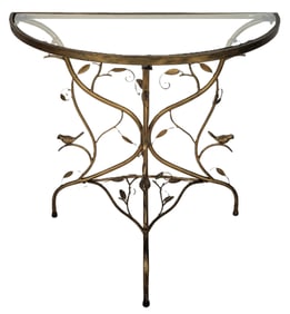 Gilt Metal Bird & Leaf Decorated Demilune Console