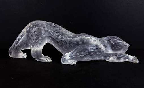 Lalique "Zeila Panther Crystal " Sculpture: Lalique "Zeila Panther " crystal sculpture, designed by Marie-Claude Lalique and first released in 1989, signed Lalique France, with signed box. [Panther: 4.5" H x 14" W x 3" D, Box: 4.75" H x 17.5" W