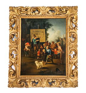 English School: Town Meeting - Oil Painting: 19th century English School unsigned oil on canvas painting of townspeople around a presenter with art board, in earlier frame. [Art: 15.5" H x 12" W; Frame: 22.5" H x 19" W]. Re-lined. Estate of Jacq