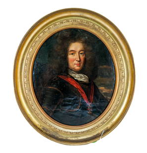French/English School: Royal Portrait O/C: French or English School oil on oval canvas portrait of a king or nobleman, 18th century, with red ribbon around his neck with large brooch, wearing a heavy vest. [Art: 27.5" H x 22.5" W; Frame: 37.5"