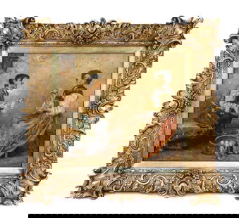 Italian School: Woman & Man - Oil Painting: Italian School oil on canvas laid to board, depicting a woman and man with yarn and basket, signed illegibly lower left, in an elaborate gilt and gesso frame. [Art: 18" H x 20" W; Frame: 28" H x 30" W