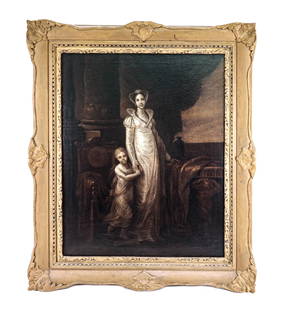 Italian School: Woman & Child - Oil Painting: Oil on canvas portrait of a woman and child in a Classical interior setting by a window, Italian School, late 19th century. [Art: 24" H x 19" W; Frame: 31" H x 27" W]. Estate of Jacqueline Yudelowitz.