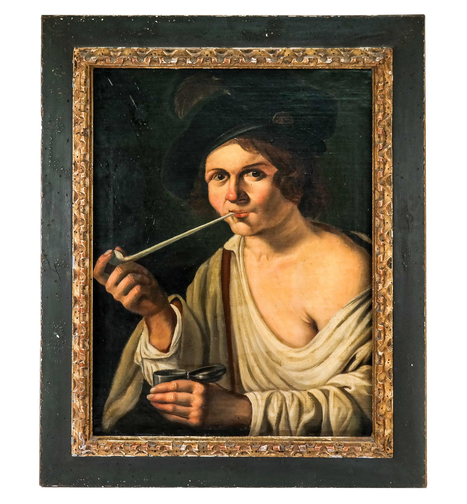 Italian School: Portrait - Oil Painting: Oil on canvas portrait of a young with hat and pipe, Italian School, 20th century, painted in the 19th century manner. [Art: 25" H x 19" W; Frame: 33" H x 27" W]. Estate of Jacqueline Yudelowitz.