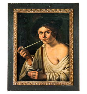 Italian School: Portrait - Oil Painting: Oil on canvas portrait of a young with hat and pipe, Italian School, 20th century, painted in the 19th century manner. [Art: 25" H x 19" W; Frame: 33" H x 27" W]. Estate of Jacqueline Yudelowitz.
