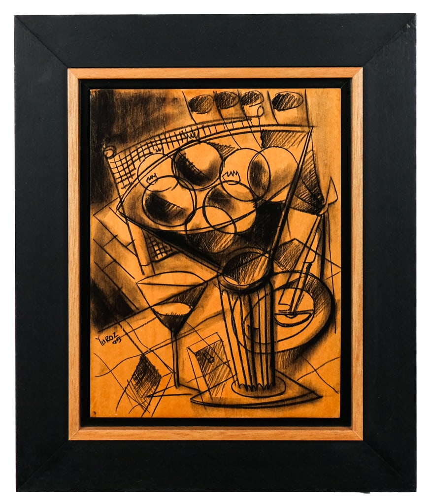 Yuri YUROZ: "Table Of Life" - Charcoal On Panel: Yuri Yuroz (Armenian, b. 1956) charcoal on wood panel depicting a table still life of glasses, signed lower left, dated '05, titled "Table of Life". [Art: 12" H x 9" W; Frame: 18" H x 15" W]. From the