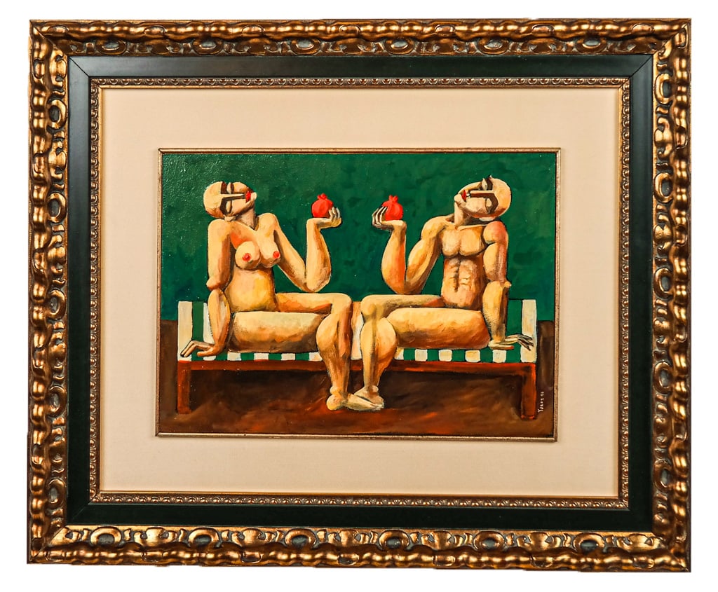 Yuri YUROZ: Seated Nude - Oil Painting: Yuri Yuroz (Armenian, b. 1956) oil on panel depicting a nude man and woman, each with a fruit, signed lower right, dated '98, inscribed on back: "To Linda & Ron". [Art: 10" H x 14" W; Frame: 19" H x 2
