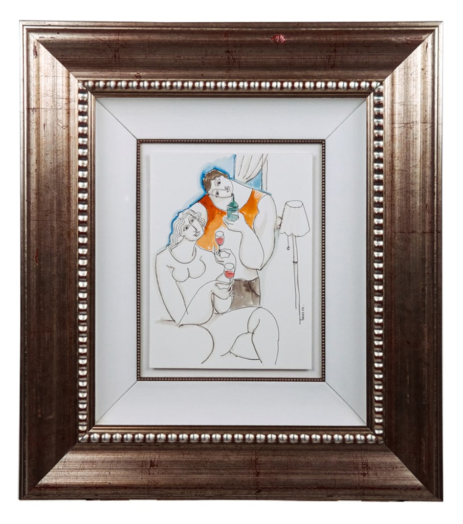 Yuri YUROZ: "Evening Toast" - Watercolor On Paper: Yuri Yuroz (Armenian, b. 1956) watercolor painting on paper depicting a man and woman with wine, signed lower right, dated '03, in a shadowbox frame; comes with Certificate of Authenticity. [Art: 12"