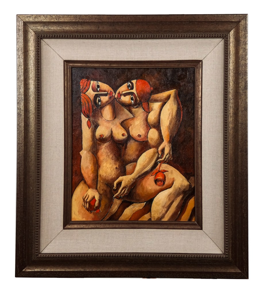 Yuri YUROZ: "Sensual Touch" - Oil Painting: Yuri Yuroz (Armenian, b. 1956) oil on canvas depicting a nude woman and man with fruit and flowers, signed lower right, dated '99, titled "Sensual Touch". [Art: 16" H x 13" W; Frame: 27" H x 24" W]. F
