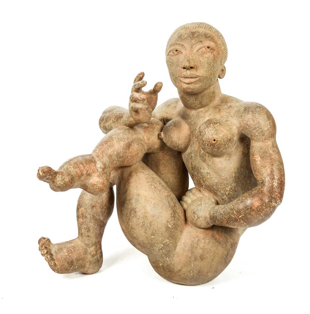 James TYLER: Nude Female - Clay Sculpture: James Tyler (20th-21st C.) terracotta clay figure of a nude female with slight copper metallic patina, from the exhibit at 93 Gallery, Nyack, NY, 1998. [29" H x 29" W x 22' D]. Condition is good with