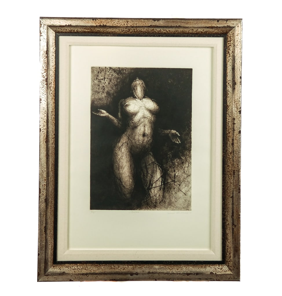Tomáš Hrivnác "Nahore" Drypoint Etching: Tomáš Hrivnác (Czech, b. 1959) "Nahore" or "Up" drypoint etching, numbered 16/45. [Art: 19" H x 13" W; Frame: 35" H x 27" W]. From the Estate of Ronald Blatt, owner of Blatt Billiards New York City
