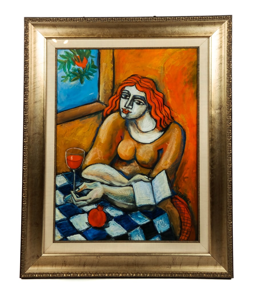 Yuri YUROZ: "Morning Poetry" - Mixed Media: Yuri Yuroz (Armenian, b. 1956) mixed media and acrylic work on paper depicting a seated semi-nude woman with book and wine, signed lower right, dated '98, and on art on back, and inscribed "To Ron"; c