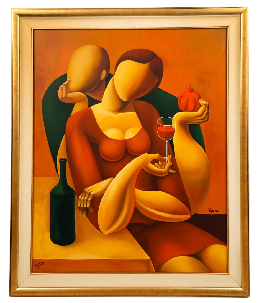 Yuri YUROZ: Couple & Wine - Large Color Print: Yuri Yuroz (Armenian, b. 1956) large color print of a faceless couple with wine, signed lower right, numbered 86/200. [36" H x 30" W]. From the Estate of Ronald Blatt, owner of Blatt Billiards New Yor