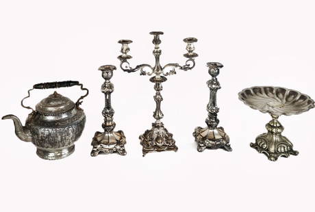 Group of Silver, Silver Plate and Metal, 5: Group of antique and vintage silver, silver plate and metal comprising pair of Austria-Hungary silver .800 quality candlesticks, candelabrum, engraved pewter hot and large compote. [Candlesticks total