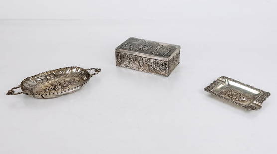Three Continental Silver Desk Accessories: Three Continental silver desk accessories comprising German silver .800 quality trinket box by Karl Schatz, Hanau, depicting village scenes and purple velvet liner, silver .800 quality two handled car