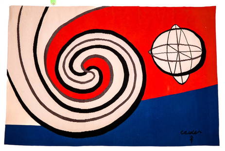 After Alexander CALDER Bicentennial Tapestry: After Alexander Calder (American, 1898-1976), Le Sphere et les Spirals (The Sphere and the Spirals), Aubusson, France, Pinton Fr?res from The Bicentennial Tapestries, woven wool. [41" H x 58" W] woven