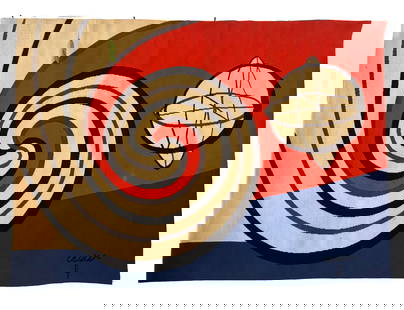 After Alexander CALDER Bicentennial Tapestry: After Alexander Calder (American, 1898-1976), Le Sphere et les Spirals (The Sphere and the Spirals), Aubusson, France, Pinton Fr?res from The Bicentennial Tapestries, woven wool. [41" H x 58" W] woven