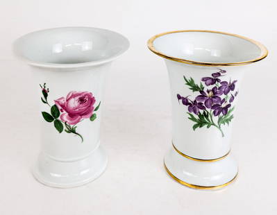 Two Meissen Porcelain Cache Pots: Two Meissen porcelain cache pots, comprising a Meissen "Pink Rose" cache pot, 1924-1934, and a Meissen gilt and foliate decorated vase, 1924-1934, both with first quality Meissen marks to bases. [6.5"