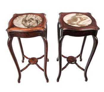 Chinese Pair of Rosewood and Marble Inset Tables: Pair of Chinese, early 20th century, rosewood and landscape marble inset side or pedestal tables with cross stretchers to lower. [31" H x 14.5" Square]. Condition to each is good with fading to marble