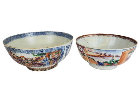 Chinese Two Famille Rose Bowls: Two Chinese Famille Rose bowls, early 20th century with figural decoration to exterior, both unmarked. [Larger: 4.5" H x 11" Diameter]. Condition to each is fair to poor with extensive repairs through