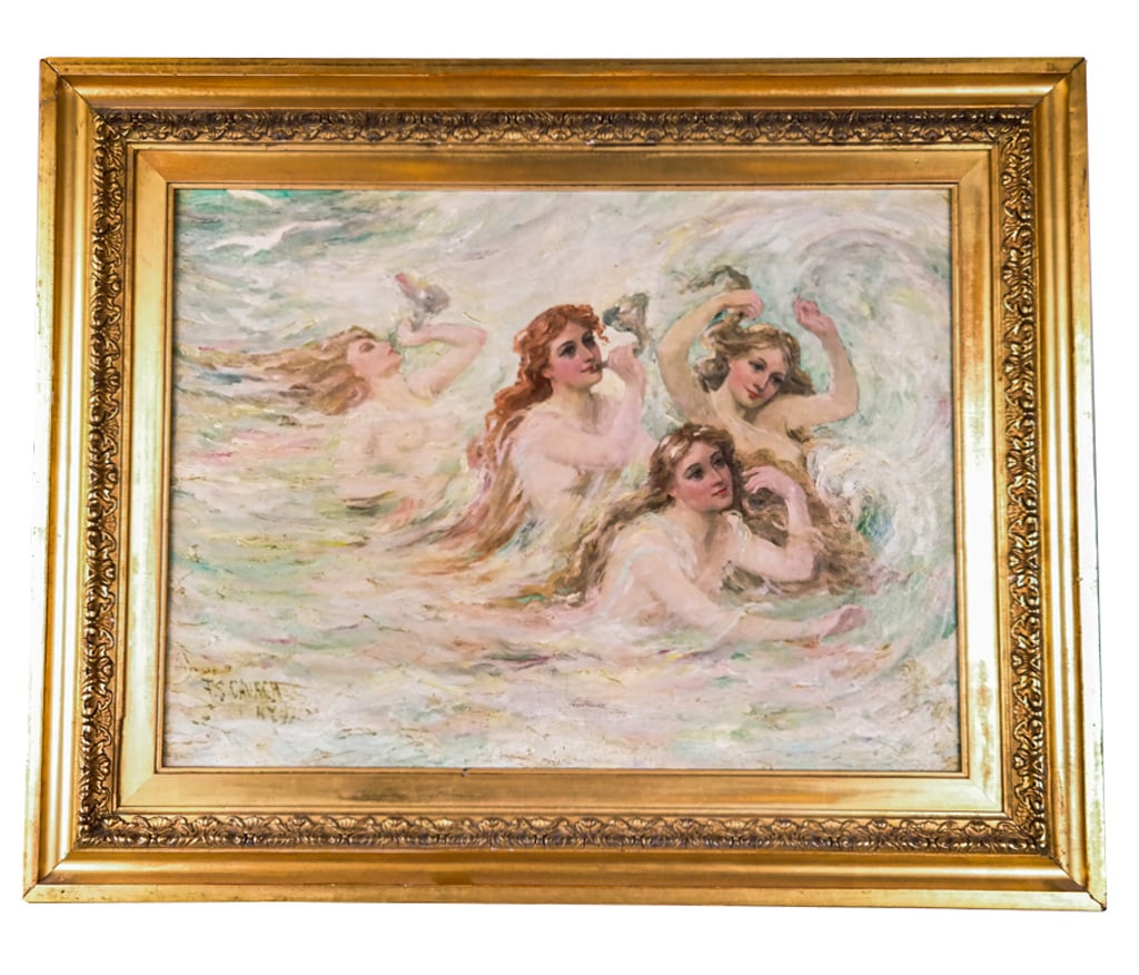 F.S. CHURCH Figural Oil on Canvas with Sirens: Frederick Stuart Church (American, 1842-1923), figural oil on canvas with sirens or mermaids, 1892, in a gilt frame, dated and signed F.S. Church, copyright, NY to lower left. [Framed: 22" H x 27.5" W