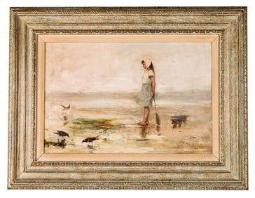 F.S. CHURCH Girl Digging for Clams Oil on Canvas