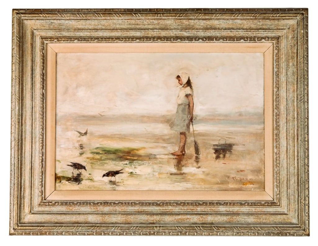 F.S. CHURCH Girl Digging for Clams Oil on Canvas: Frederick Stuart Church (American, 1842-1923), "Girl Digging for Clams", 1881, oil on canvas in a gilt frame, depicting a girl digging for clams, dated and signed F.S. Church NY to lower right; sold a