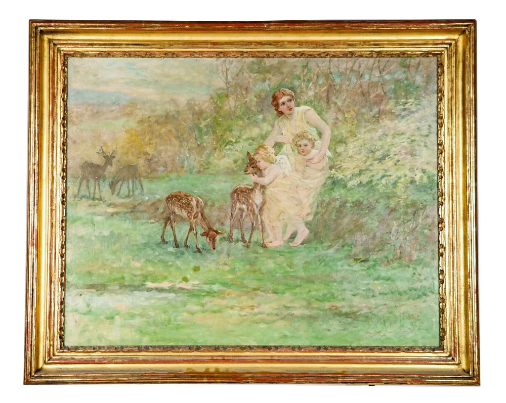 F.S. CHURCH Figures with Deer Oil on Canvas: Frederick Stuart Church (American, 1842-1923), figural oil on canvas with deer, 1911, in a gilt D.B Butler and Co. frame, with a woman, cherubs, and fawns, signed F.S. Church, copyright, NY, and dated