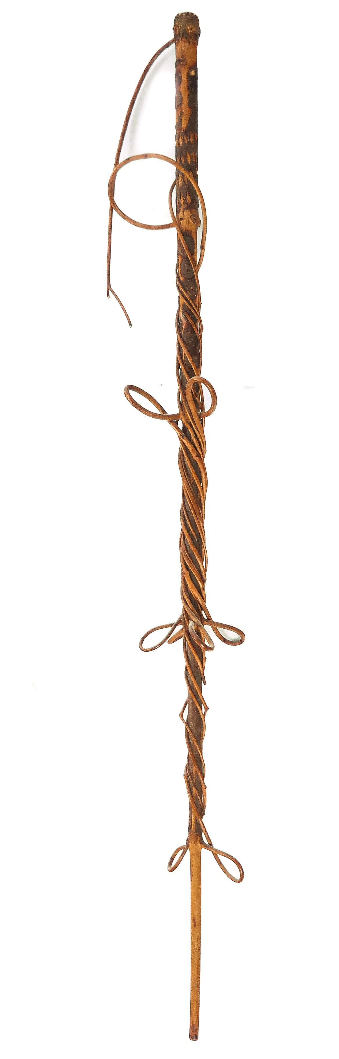 Folk Art "Twig" Cane: Folk art walking stick with incised bark to bare designs, dated "1897, FLUIVIE", entwined with its own branches and additions. [42.5" H]. From the Collection of Susan and Cliff Freeman. In "as-is" con