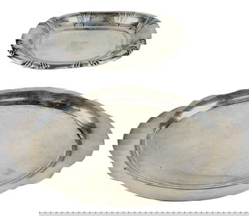 Two Sterling silver Card Trays: Two sterling silver card trays, comprising a Wallace sterling silver scalloped card tray, marks to base, and a footed card tray with monogram and resting on bead feet, mark to bead. [Total 9.5 ozt., L
