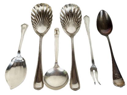 Georg Jensen & Other Silver & Plate Flatware, 6: Georg Jensen and others sterling silver and silver plate flatware comprising pair of scalloped bowl silver plate serving spoons, Georg Jensen stelring silver serving sppon, and 3 other sterling servin
