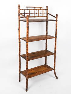 Victorian Painted Bamboo and Wood Etagere: Victorian four tier painted wood and bamboo etagere, with spindle back and splayed legs. [42" H X 58" W X 21" D]. Overall condition is fair, one foot with split.