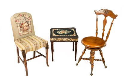 Piano Stool, Needlepoint Chair and Bench