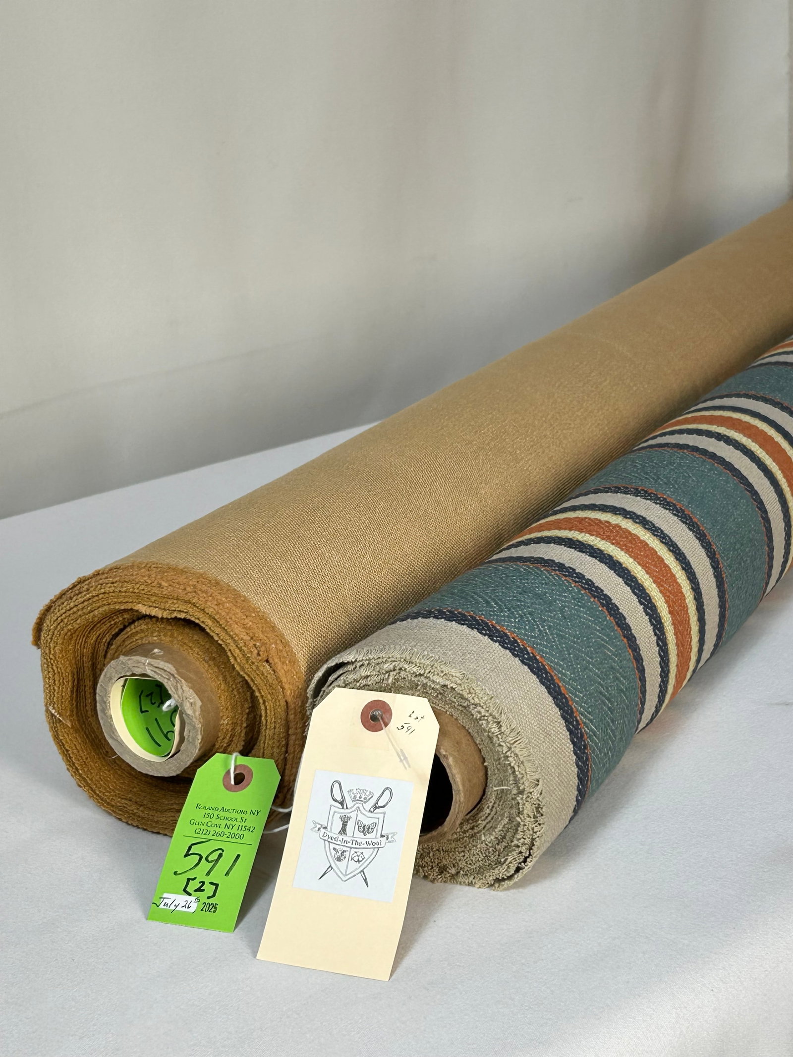 Rambagh Stripe And Nobar's Caramel Linen Fabric: 1) 6 yards of Rambagh's masculine "Meadow" warp stripe in 100% linen, 50" width. The multi-purpose quality has a 8 1/2" horizontal repeat, in colors of teal, navy, tangerine and yellow on ash. In exce
