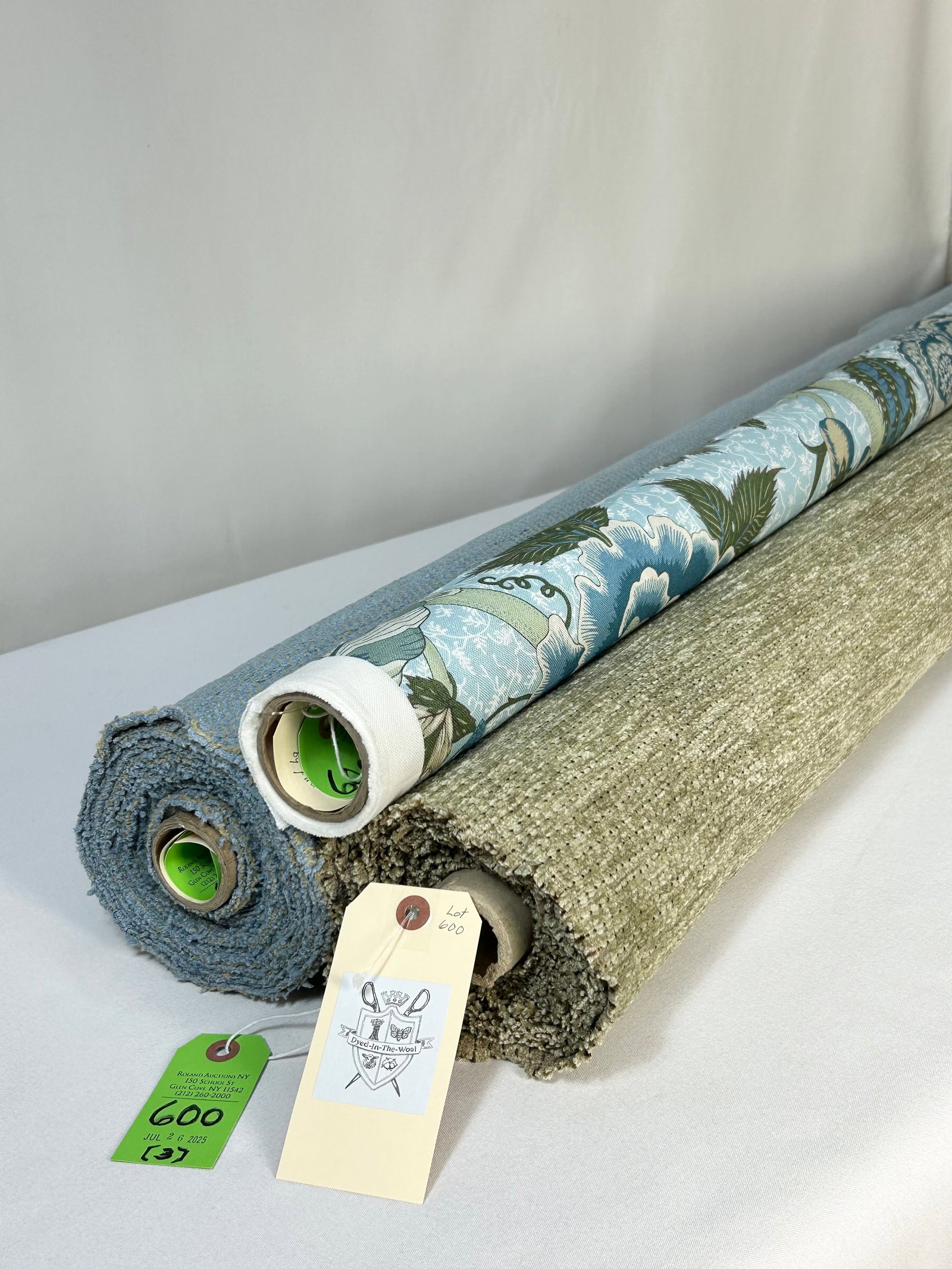 Cowtan & Tout, Kravet & Brunschweig & Fils Fabrics: 1) 2 yards of Cowtan & Tout's "Cashew Tree" printed linen in multi on blue and white, 55" width. Large repeat of 44" vertical by full-width horiztonal. In great condition. 2) 5 1/4 yards of Kravet's l