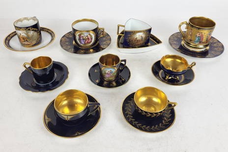 Meissen, Rosenthal, and Other Cobalt Porcelain, 8: Eight cup and saucer sets, 19th-20th century, comprising a Rosenthal cobalt blue and gilt foliate decorate demitasse cup, Rosenthal cobalt blue and gilt decorated demitasse cup with gilt and light blu