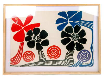 After Alexander CALDER Bicentennial Tapestry: After Alexander Calder (American, 1898-1976), Les Palmiers (The Palms), Aubousson, France, Pinton Frères from The Bicentennial Tapestries, woven wool. [Sight: 39.5" H x 58" W, Frame: 49.5" H x 67" W]