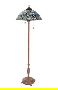 Stained Glass Three-Light Lamp: Stained glass three light lamp, 20th century, with a slag glass and decorated shade over a metal base with a fluted neck. [62" H x 19" Diameter]. Condition is good; wiring untested. From the Estate of