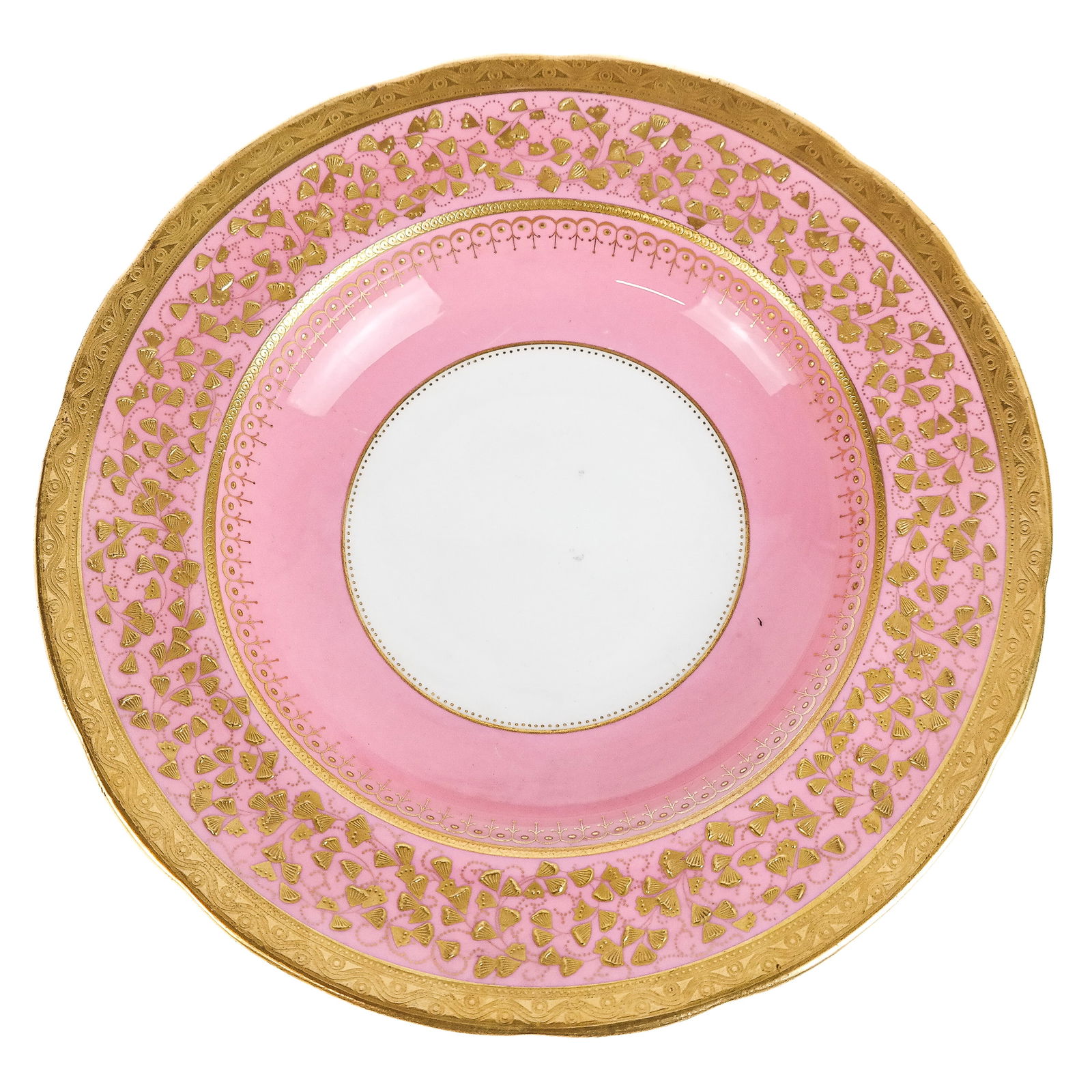 Mintons Pink and Gilt Decorated Soup Bowls, 7: Mintons retailed by Davis Collamore Co. Ltd. pink and gilt decorated soup bowls, England, 1873- 1912, gilt decorated wavy border enclosing a pink field with raised stylized ginkgo border, marks to bas