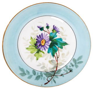 French Porcelain Part Dessert Service, 10: French porcelain hand-painted partial dessert service, 20th century, all with pale blue borders accented with pale green leaves centering stylized cluster of spring flowers, comprising high and low co