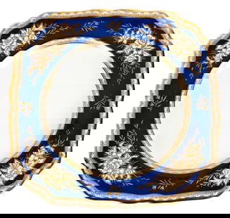 Mintons Blue, Gilt and Cream Dessert Plates, 18: Mintons retailed by Tiffany & Co., England, 1873-1912, of squared outline, the cream and gilt rim enclosing a blue border with gilt decorated flowers and enclosing a cream center, marks to reverse. [8
