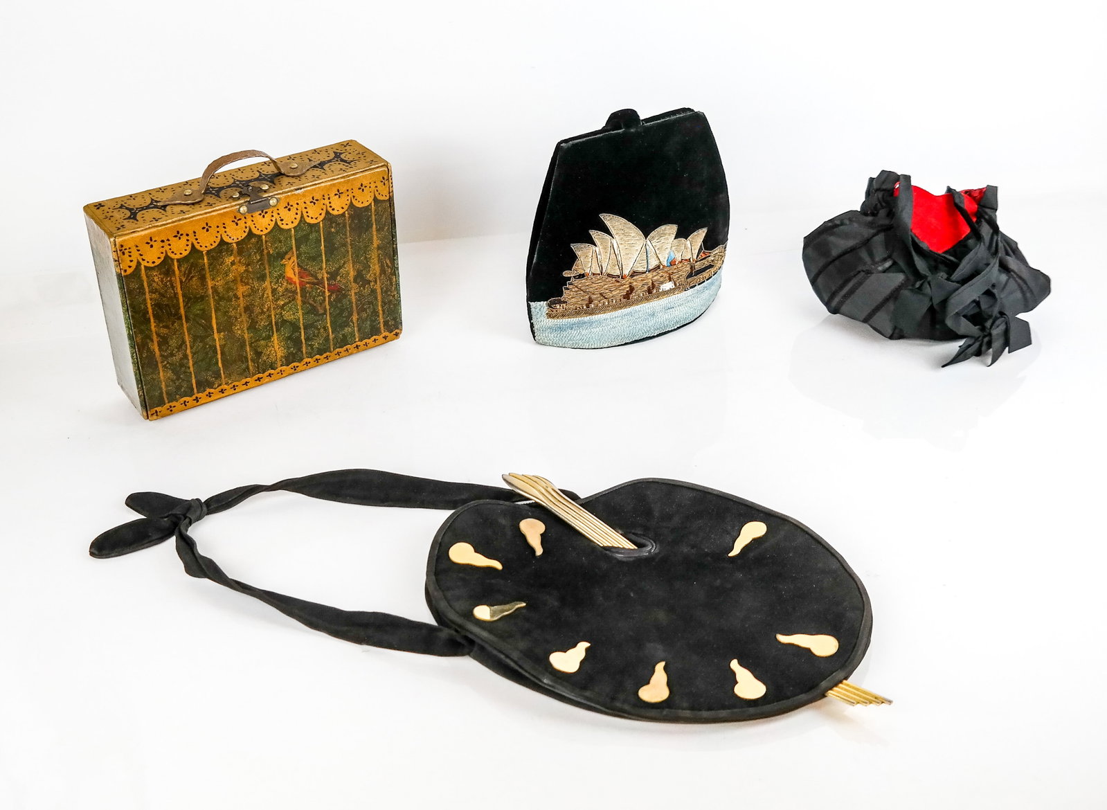 Collection of Vintage Unusual & Whimsical Handbags: Collection of vintage unusual and whimsical handbags, comprising black suede "Painters-Palette" bag with gold-tone hardware, cigar box decoupage of a bird in a gilded cage scene with hammered metal ha