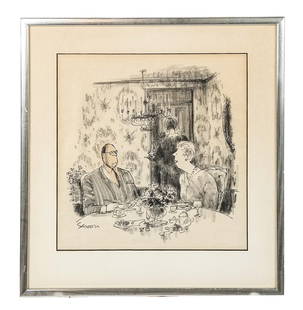 Charles SAXON Comic Illustration: Charles Saxon (American, 1920-1988) figural comic/cartoon illustration mixed media ink and graphite, with the male figure's head superimposed in another paper, signed Saxon to lower left. [Framed: 17.